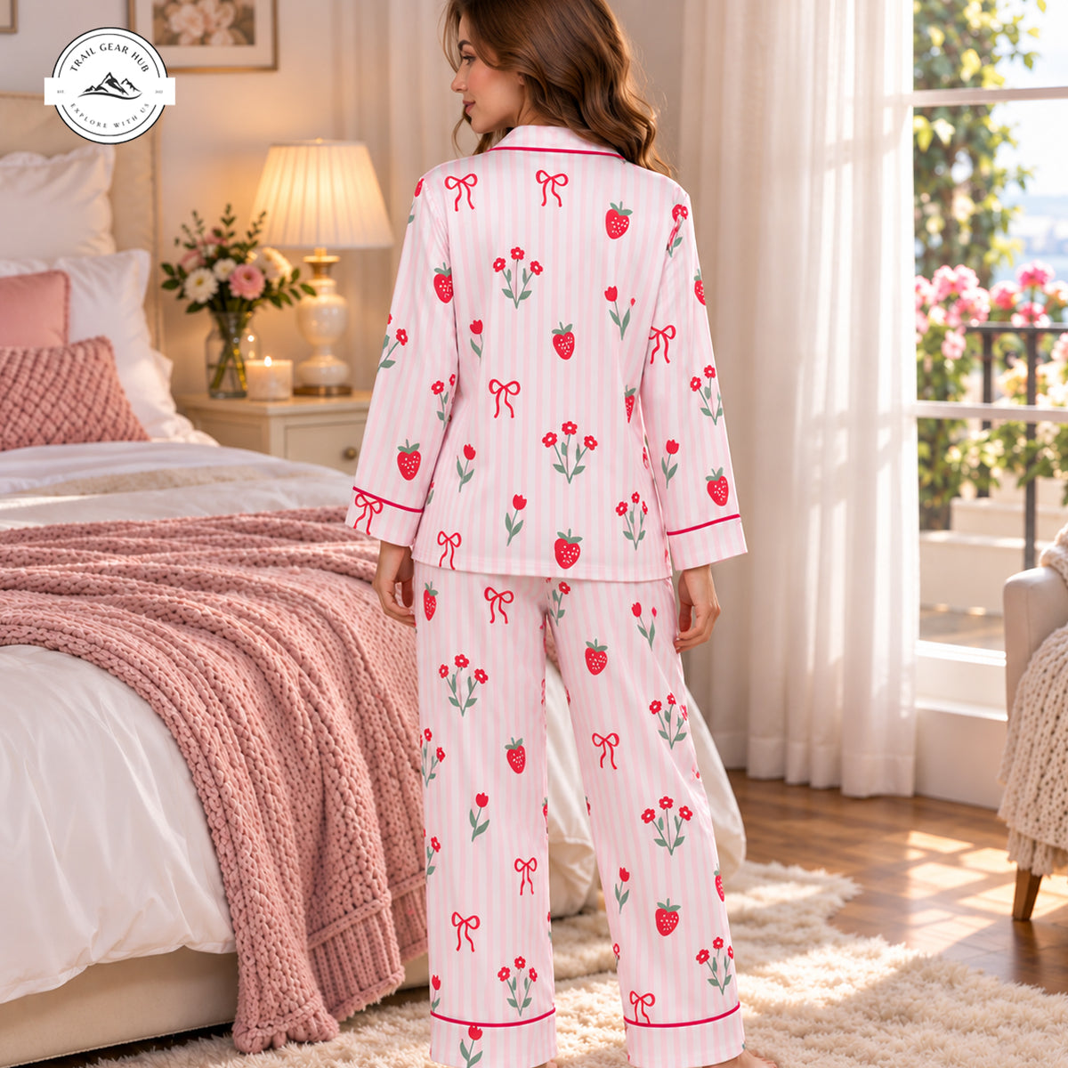 Cute Strawberry & Floral Women Long Satin Pajama TG13