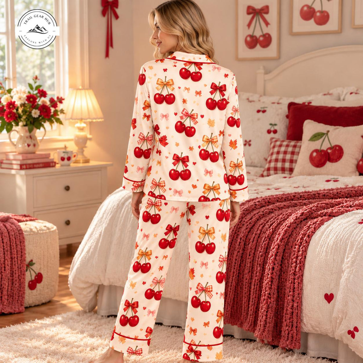 Vintage Cherry & Bow Women Long Satin Pajama TG14