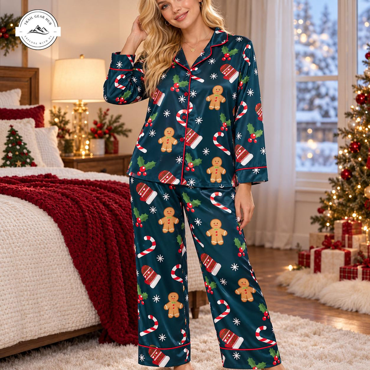 Gingerbread & Candy Cane Women Long Satin Pajama TG16