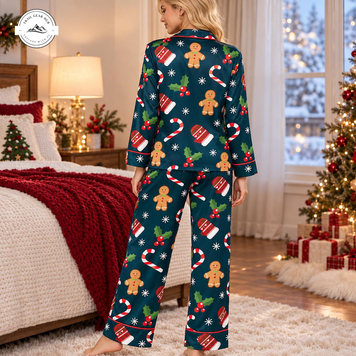 Gingerbread & Candy Cane Women Long Satin Pajama TG16