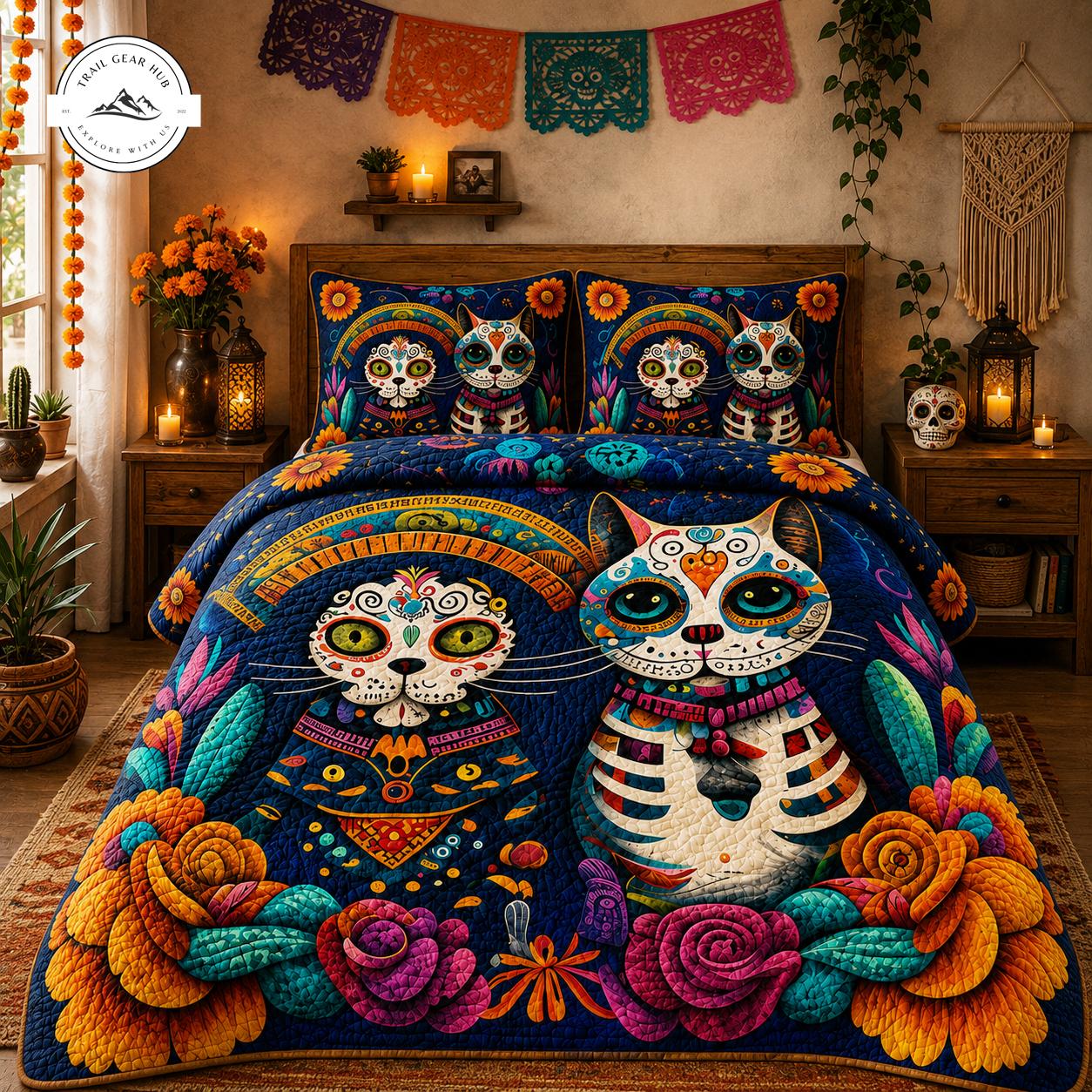 Dia de Los Muertos Sugar Skull Cat Quilted Bedding Set TG23
