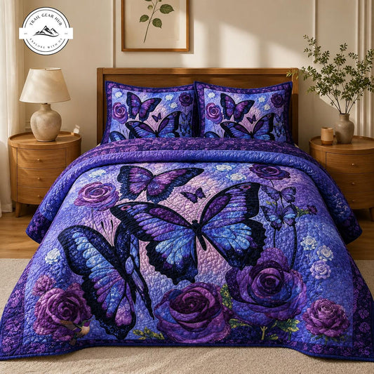 Purple Butterfly Floral Quilted Bedding Set TG39