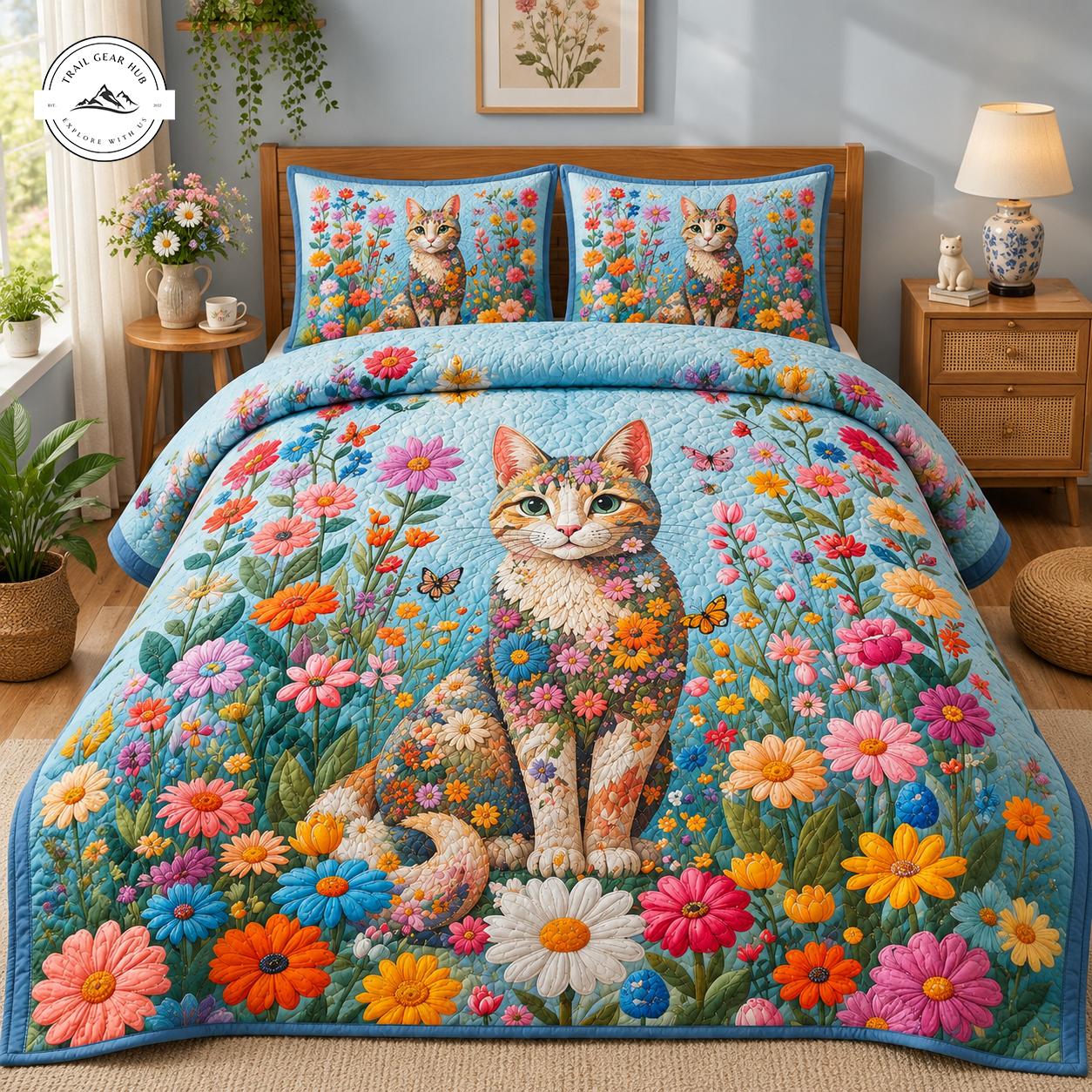 Vibrant Garden Flower Cat Quilted Bedding Set TG40