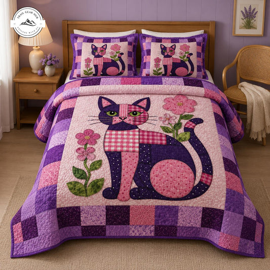 Purple Cat Patchwork Quilted Bedding Set TG41