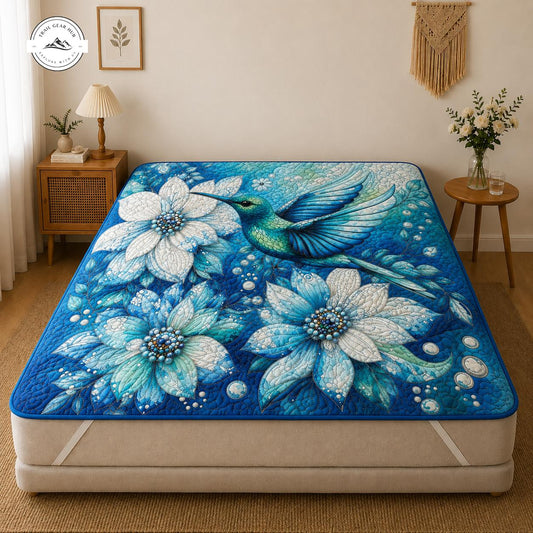 Ocean Blue Hummingbird & Flower Quilted Mattress Cover TG56QLTMTC