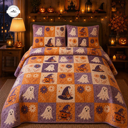 Spooky Cute Ghost & Pumpkin Halloween Quilted Bedding Set TG65