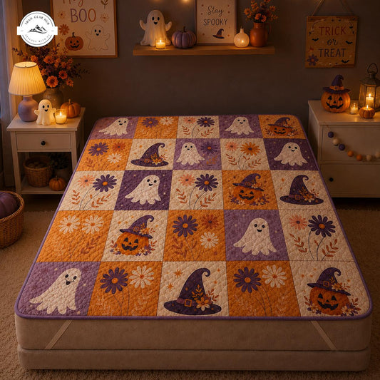 Spooky Cute Ghost & Pumpkin Halloween Quilted Mattress Cover TG65QLTMTC