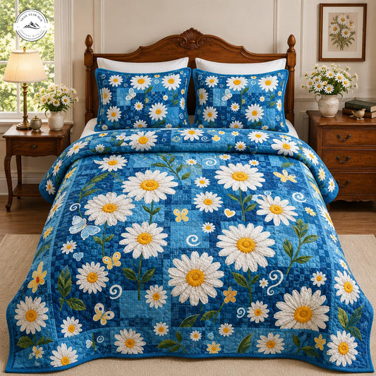 Vintage Blue Daisy & Butterfly Quilted Bedding Set TG86