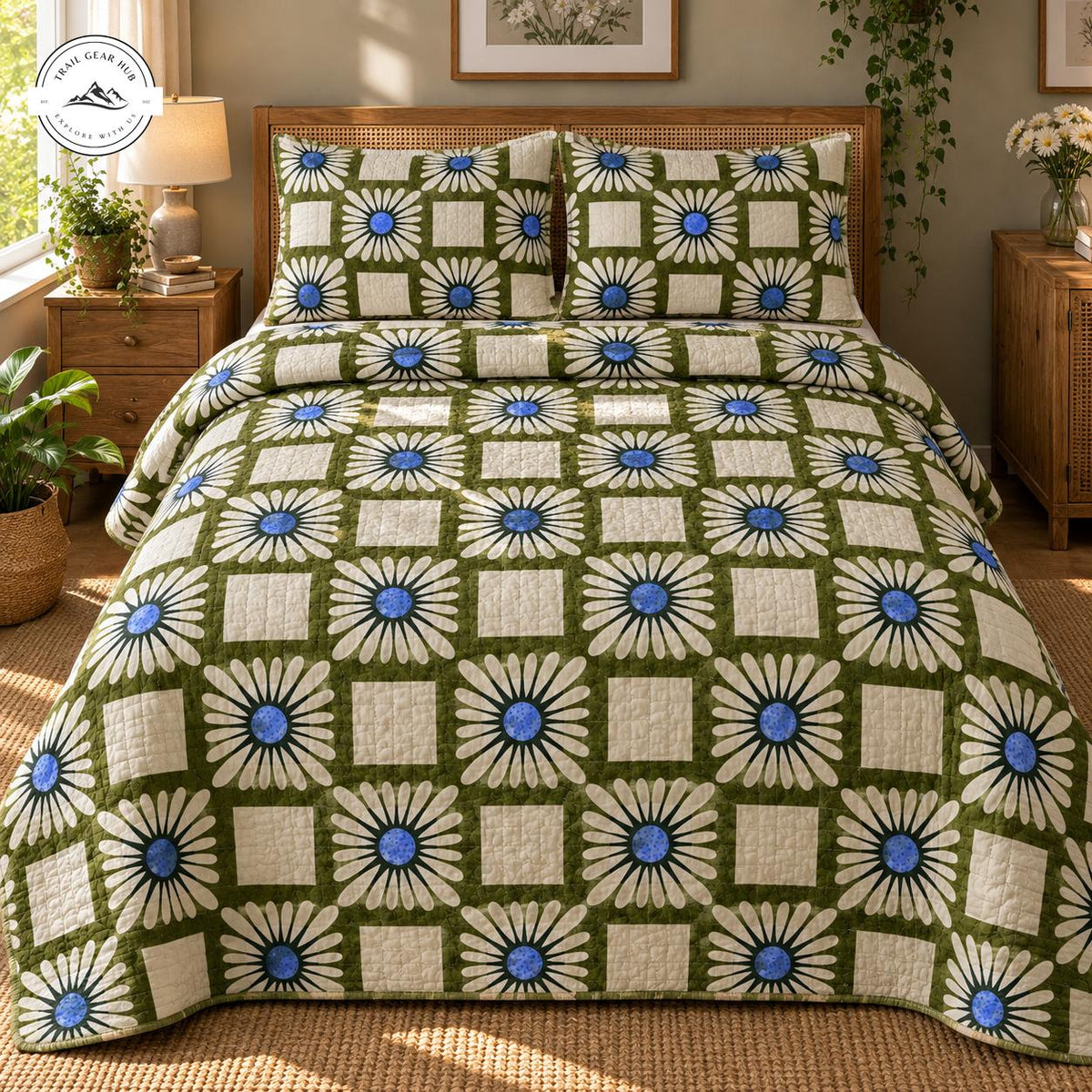 Olive Green & Blue Daisy Patchwork Quilted Bedding Set TG132