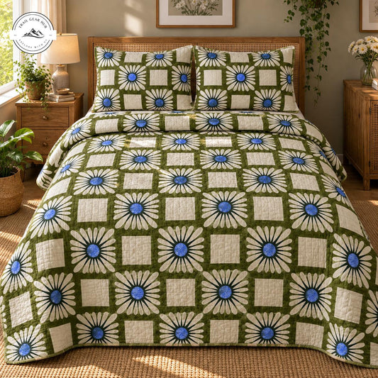 Olive Green & Blue Daisy Patchwork Quilted Bedding Set TG132