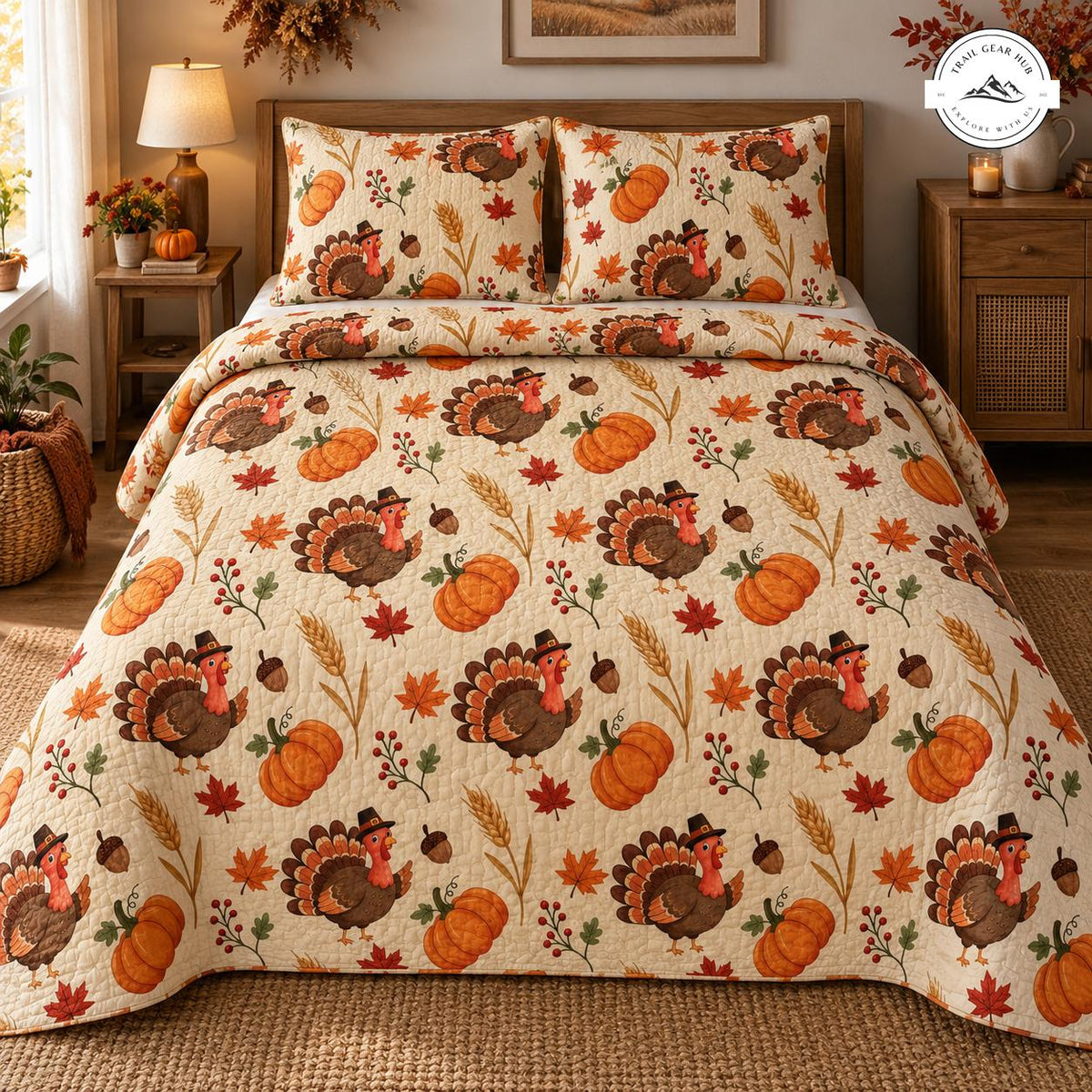 Farmhouse Pumpkin & Pilgrim Turkey Quilted Bedding Set TG134