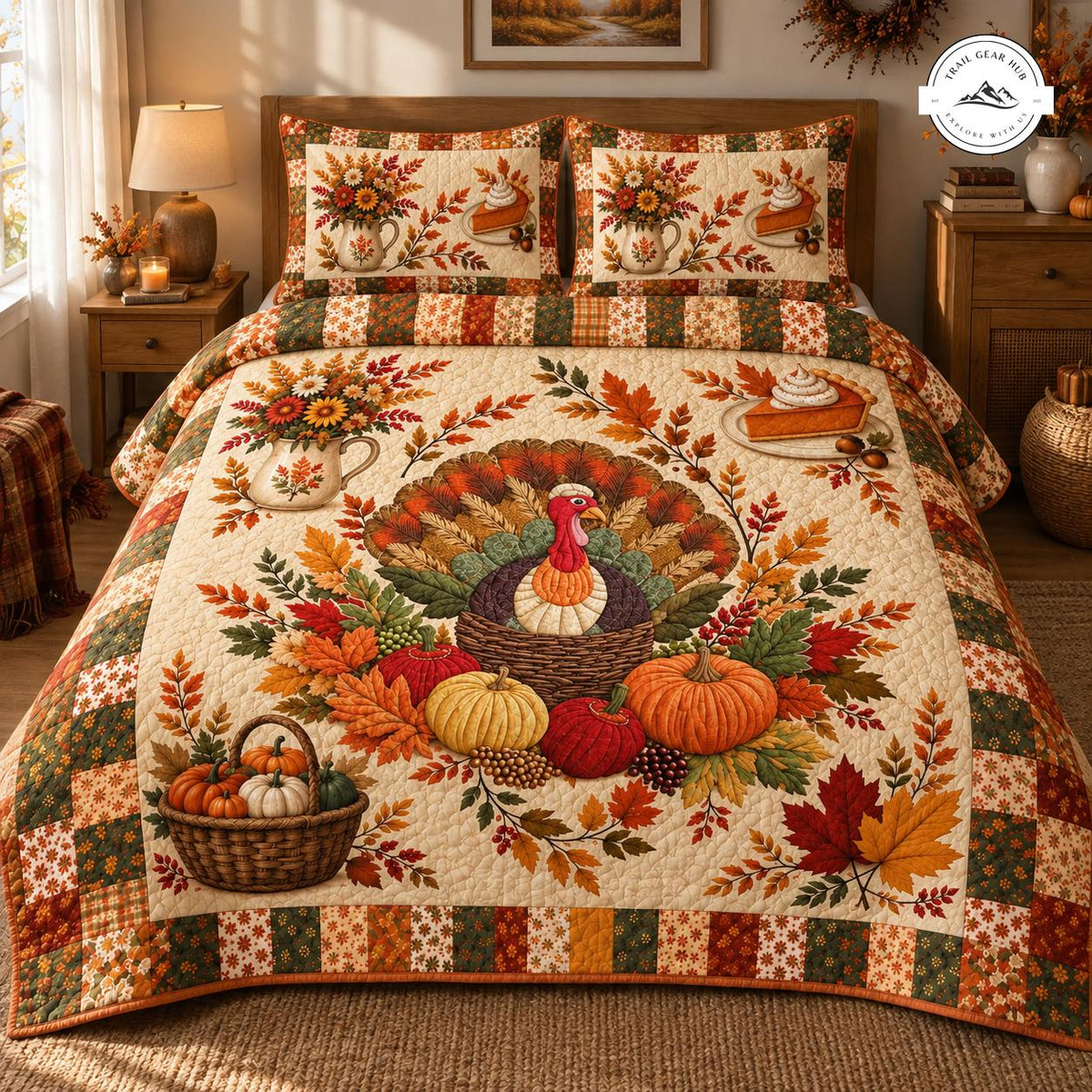 Vintage Fall Thanksgiving Turkey Quilted Bedding Set TG135