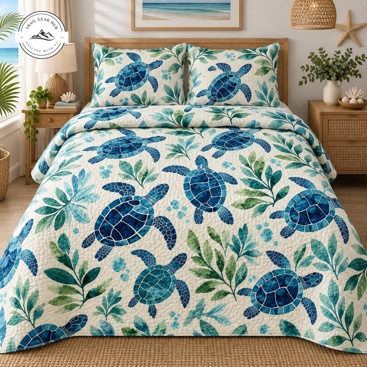 Nautical Blue Sea Turtle & Green Palm Leaves Quilted Bedding Set TG153