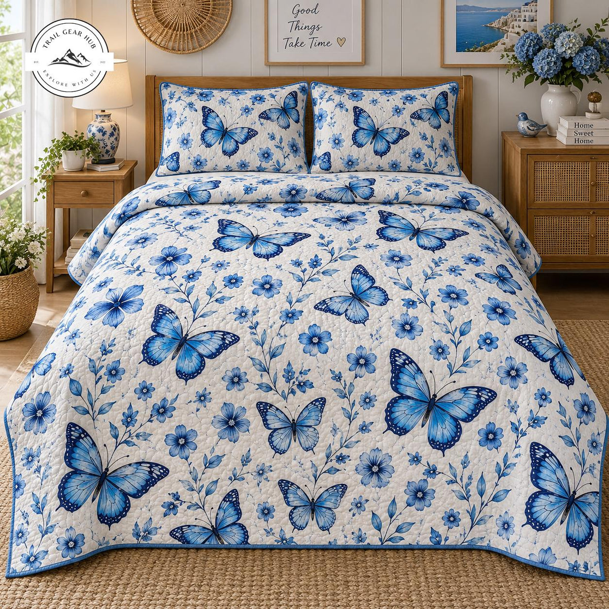Vintage Blue Floral & Butterfly Quilted Bedding Set TG154