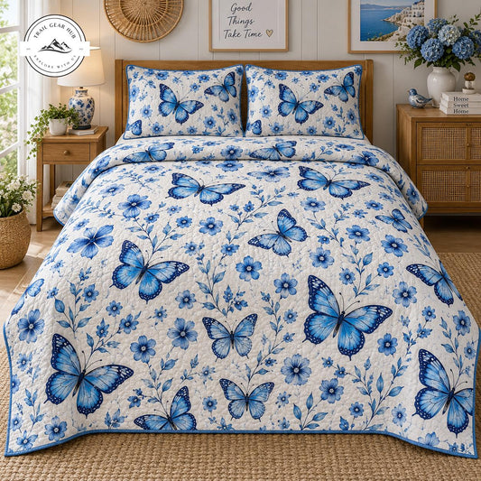 Vintage Blue Floral & Butterfly Quilted Bedding Set TG154