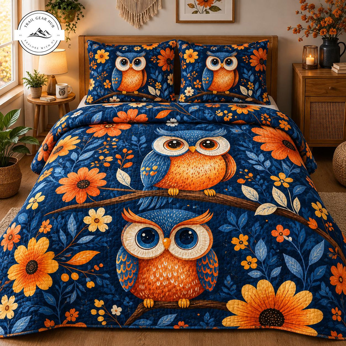 Vibrant Owl & Floral Print Quilted Bedding Set TG155
