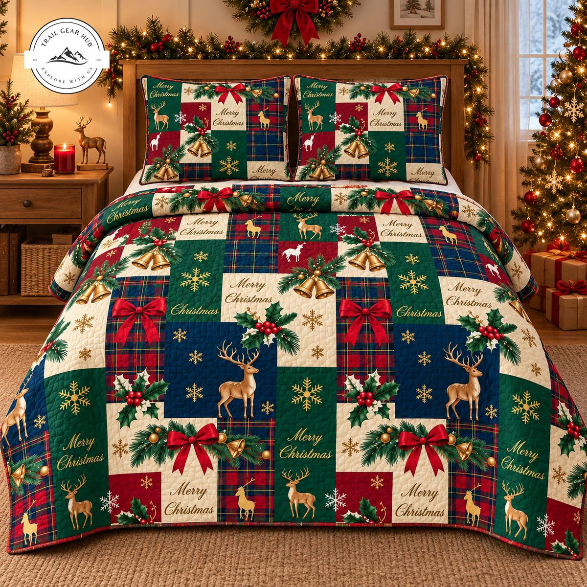 Rustic Plaid Reindeer & Holly Pattern Quilted Bedding Set TG156