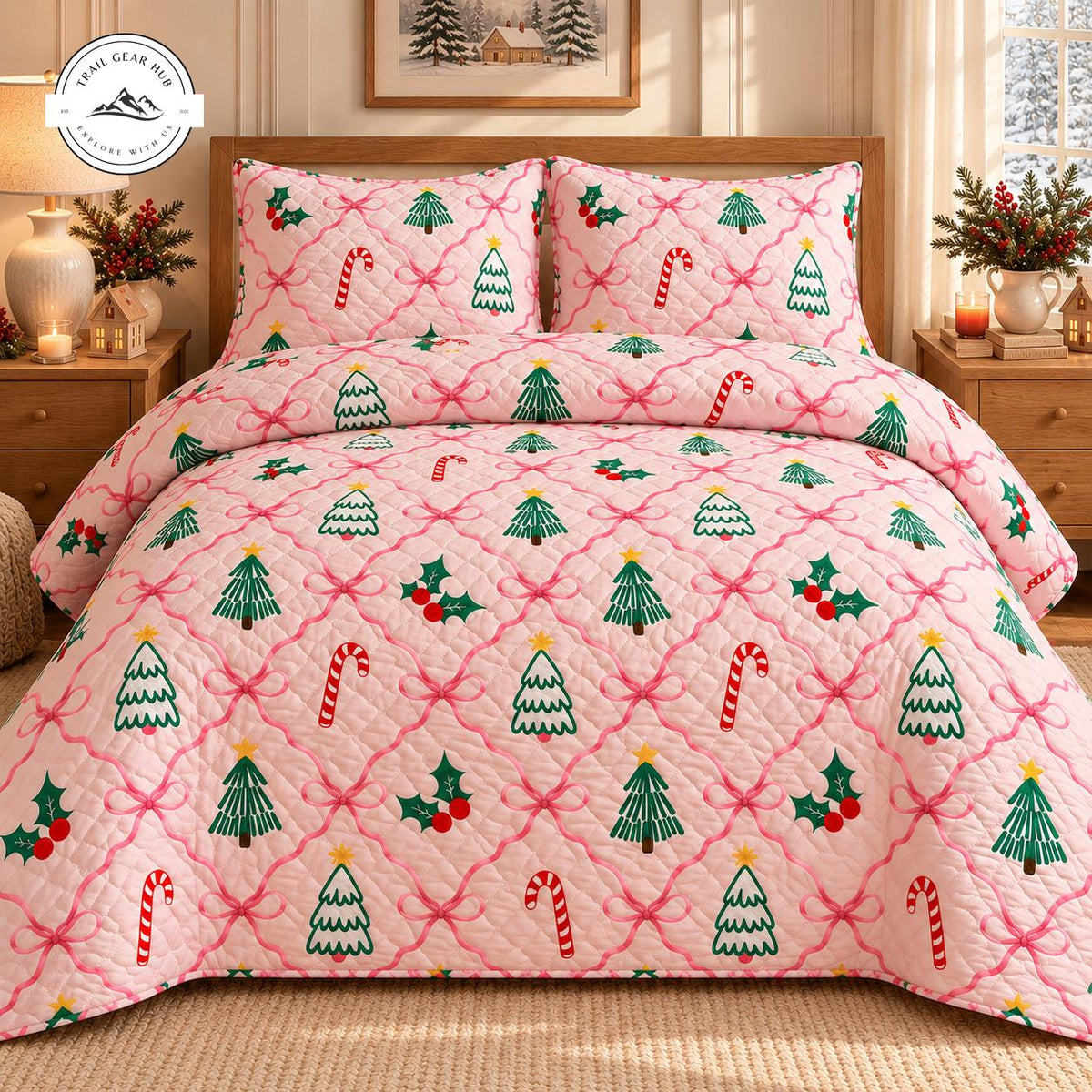 Festive Pink Christmas Tree Quilted Bedding Set TG157