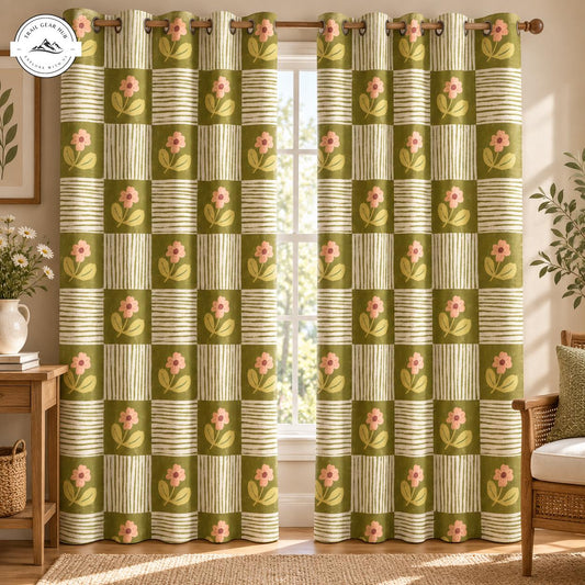 Cottagecore Green Flower  Grommet Curtains TG204GRMCT