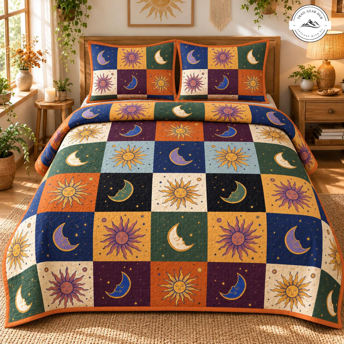 Vintage Bohemian Sun & Moon Quilted Bedding Set TG205