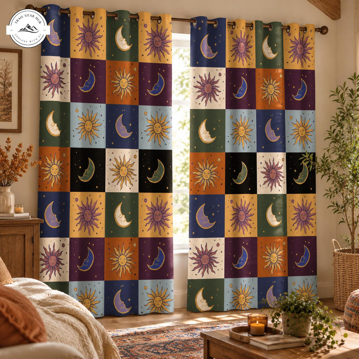 Vintage Bohemian Sun & Moon  Grommet Curtains TG205GRMCT