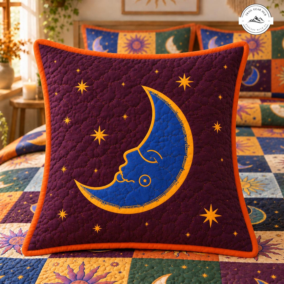 Vintage Bohemian Sun & Moon Quilted Pillow Cover TG205QLTPLC