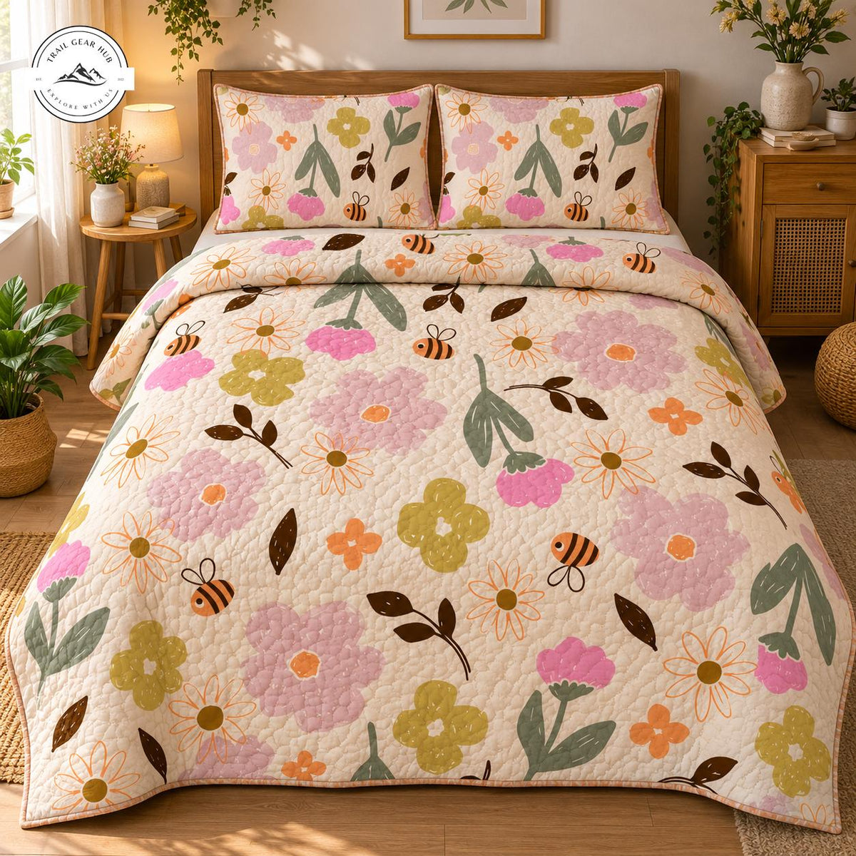 Cozy Floral & Bee Quilted Bedding Set TG230