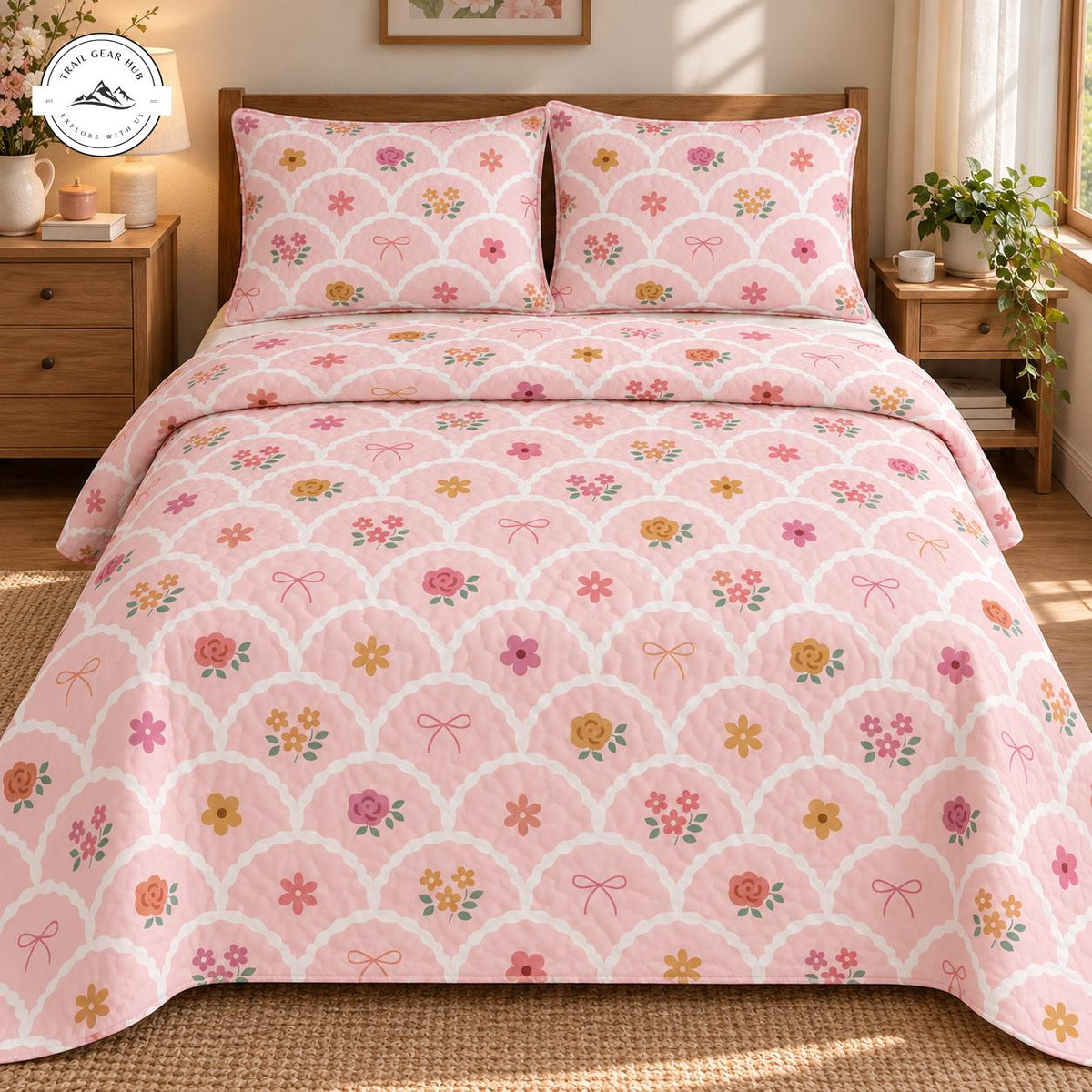 Cozy Pink Bows & Floral Quilted Bedding Set TG231