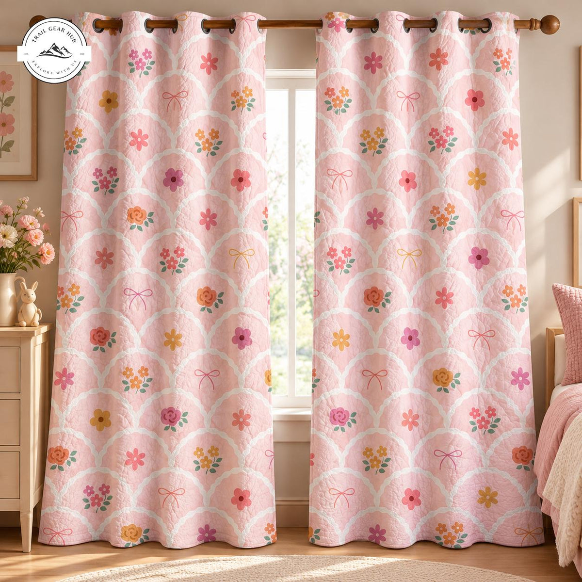 Cozy Pink Bows & Floral Quilted Curtains TG231QLTCT