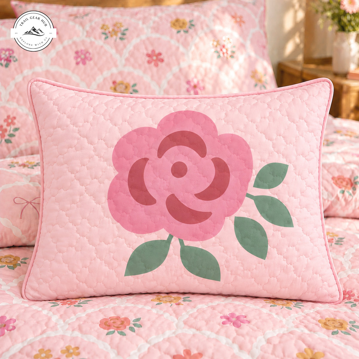 Cozy Pink Bows & Floral Quilted Pillow Cover TG231QLTPLC