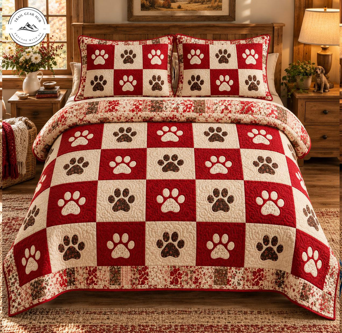 Red and Cream Paw Print Quilted Bedding Set TG243
