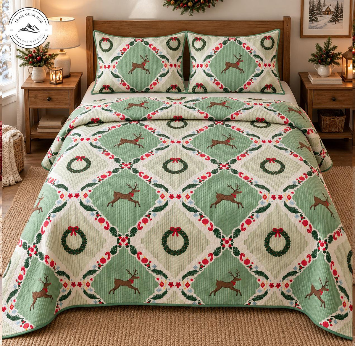 Cozy Reindeer & Wreath Christmas Quilted Bedding Set TG251