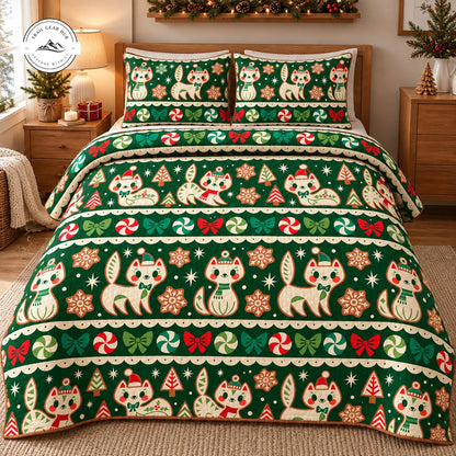 Merry Christmas Gingerbread Cat Quilted Bedding Set TG252