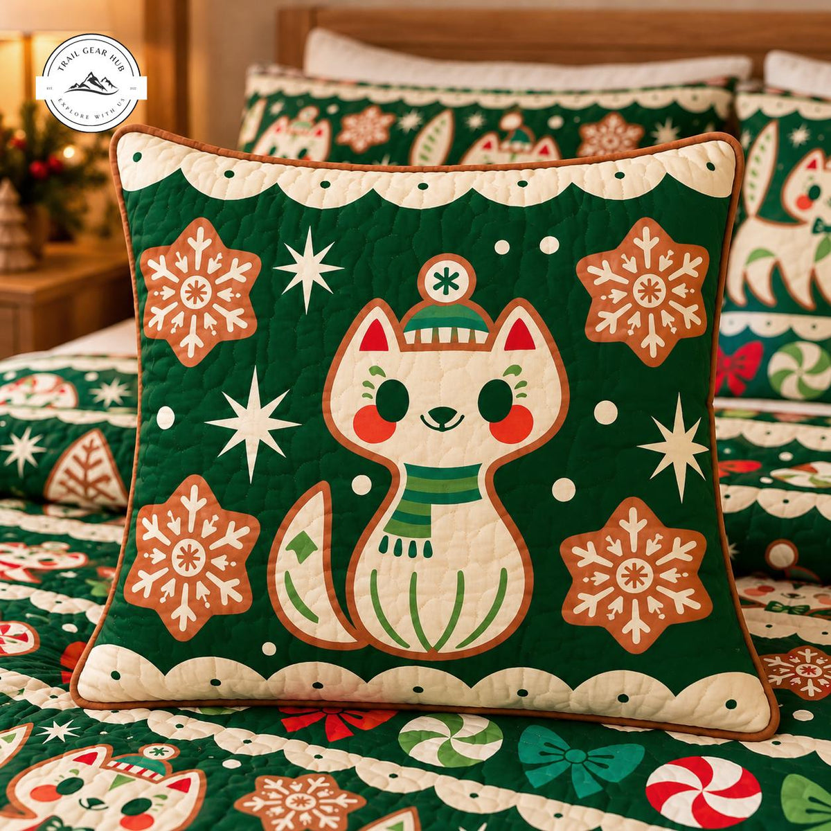 Merry Christmas Gingerbread Cat Quilted Pillow Cover TG252QLTPLC