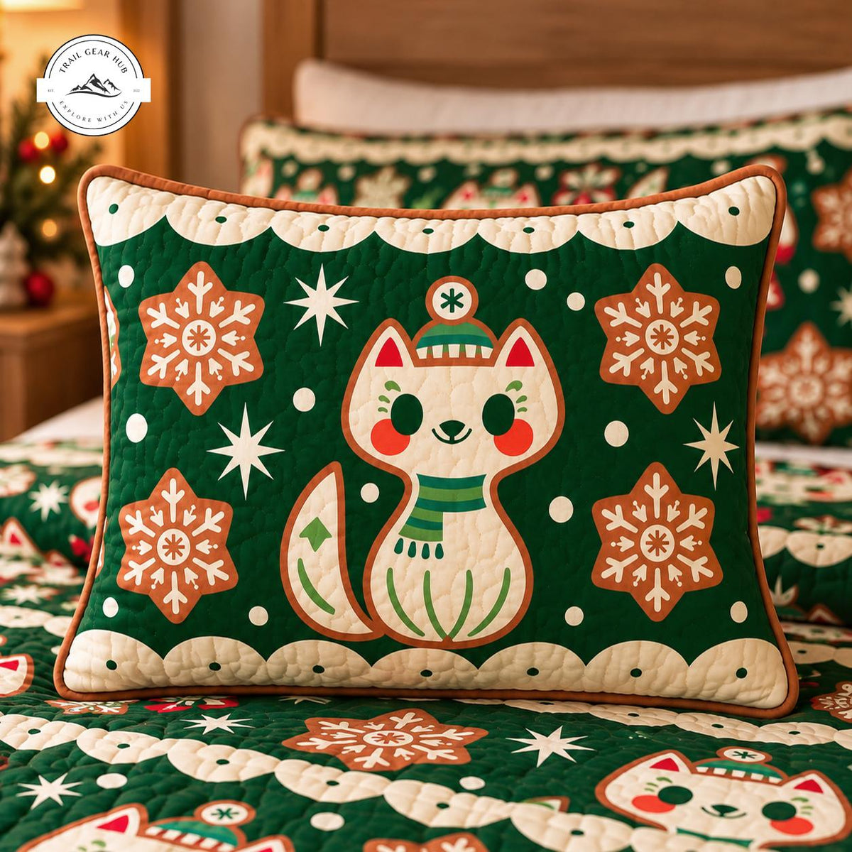 Merry Christmas Gingerbread Cat Quilted Pillow Cover TG252QLTPLC