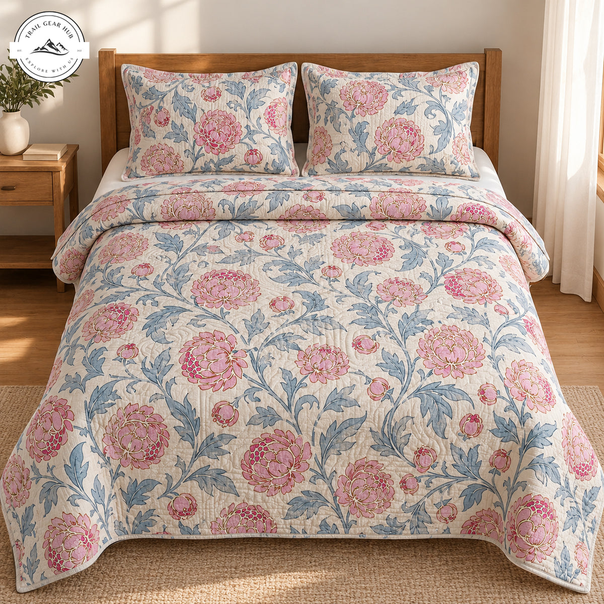 Vintage Peony & Leaves Quilted Bedding Set TG265