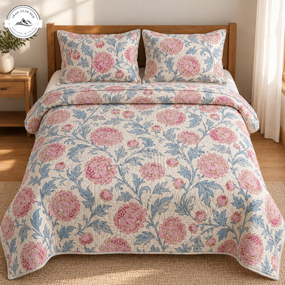 Vintage Peony & Leaves Quilted Bedding Set TG265