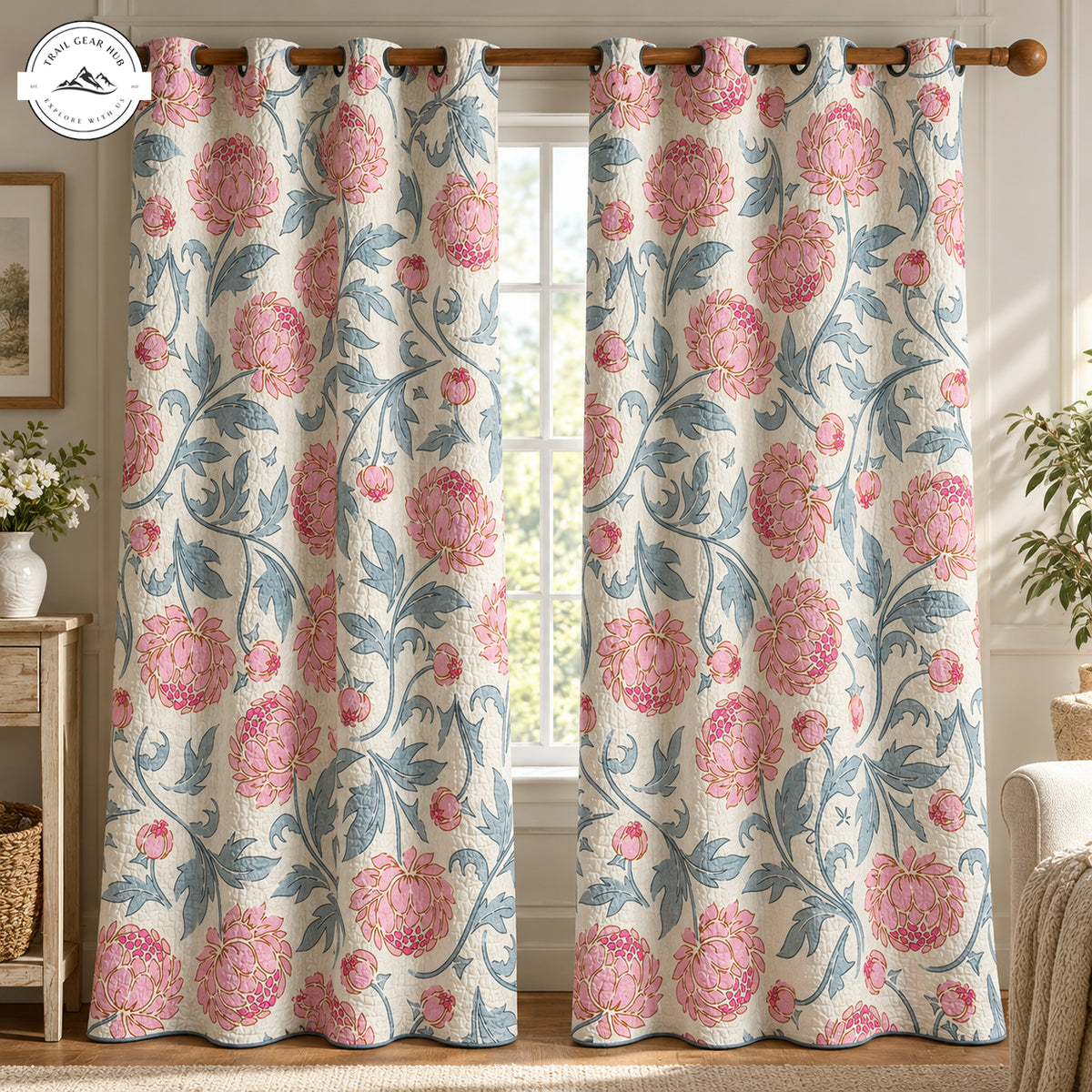 Vintage Peony & Leaves Quilted Curtains TG265QLTCT