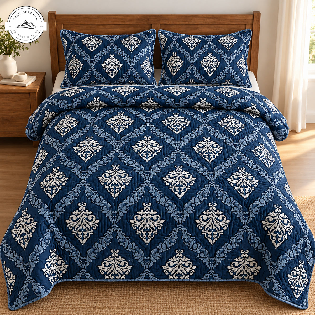 Navy Blue Damask Quilted Bedding Set TG266