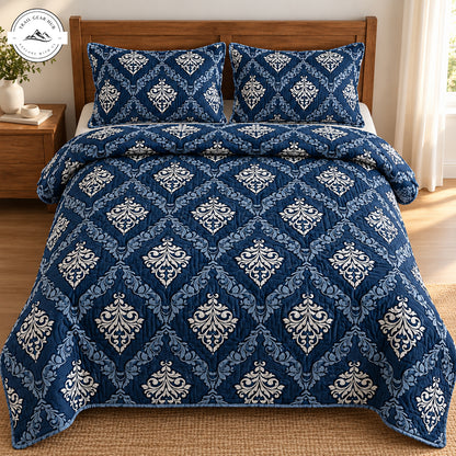 Navy Blue Damask Quilted Bedding Set TG266