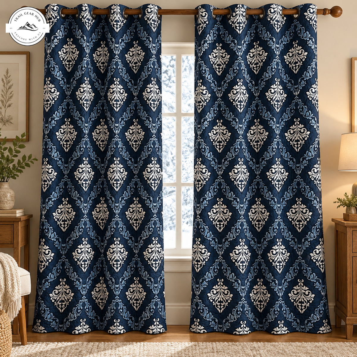 Navy Blue Damask Quilted Curtains TG266QLTCT