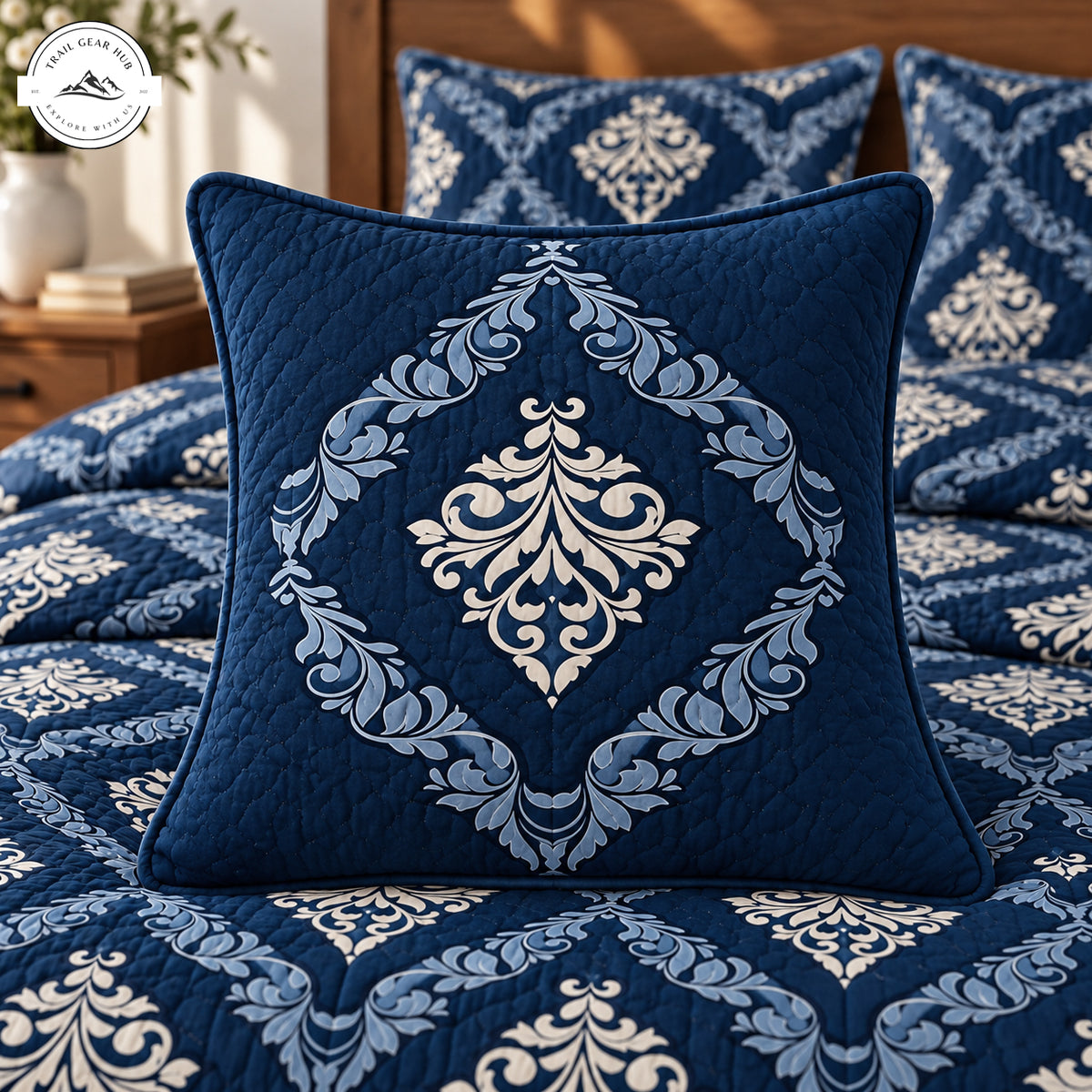 Navy Blue Damask Quilted Pillow Cover TG266QLTPLC
