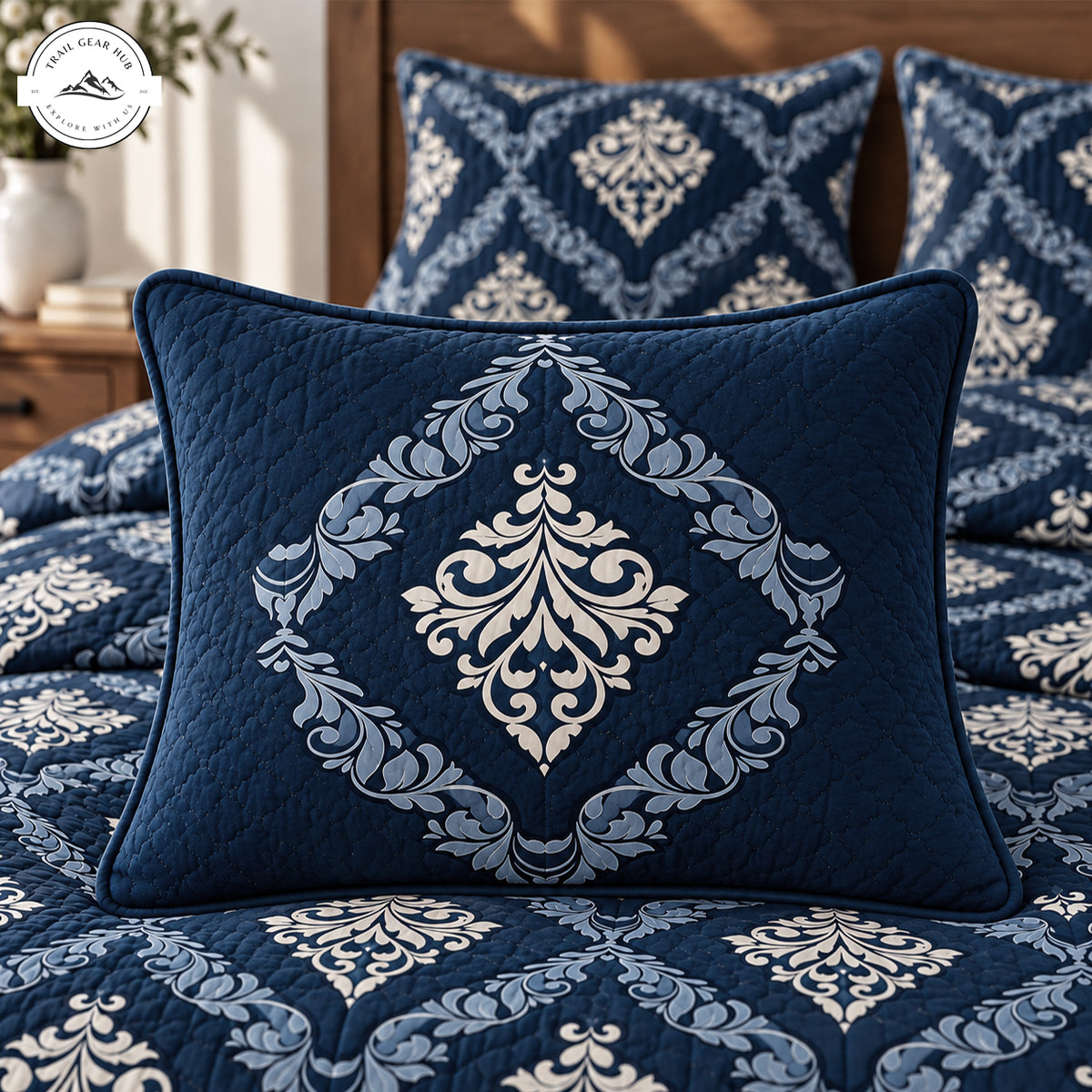 Navy Blue Damask Quilted Pillow Cover TG266QLTPLC