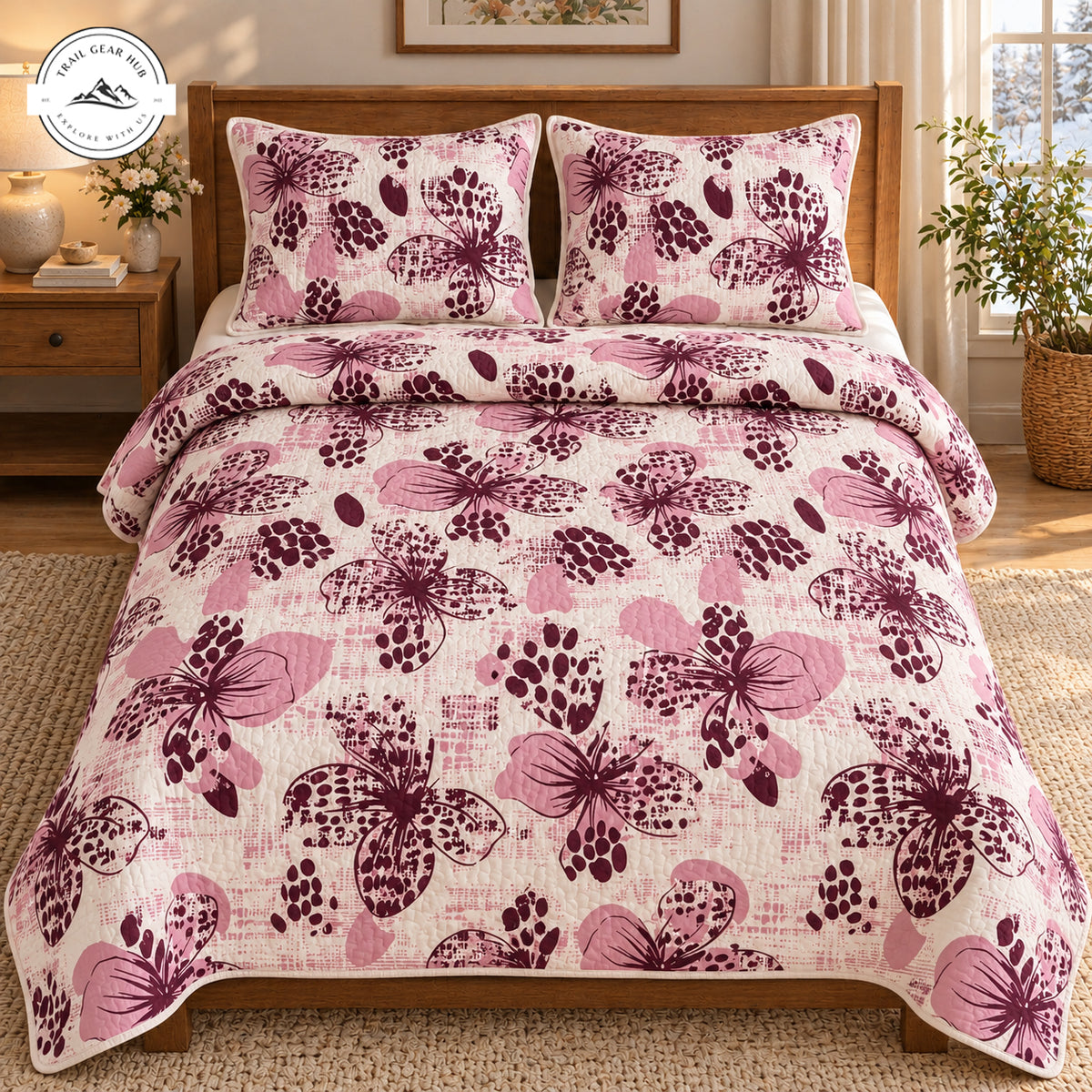 Vintage Burgundy Flower Quilted Bedding Set TG277