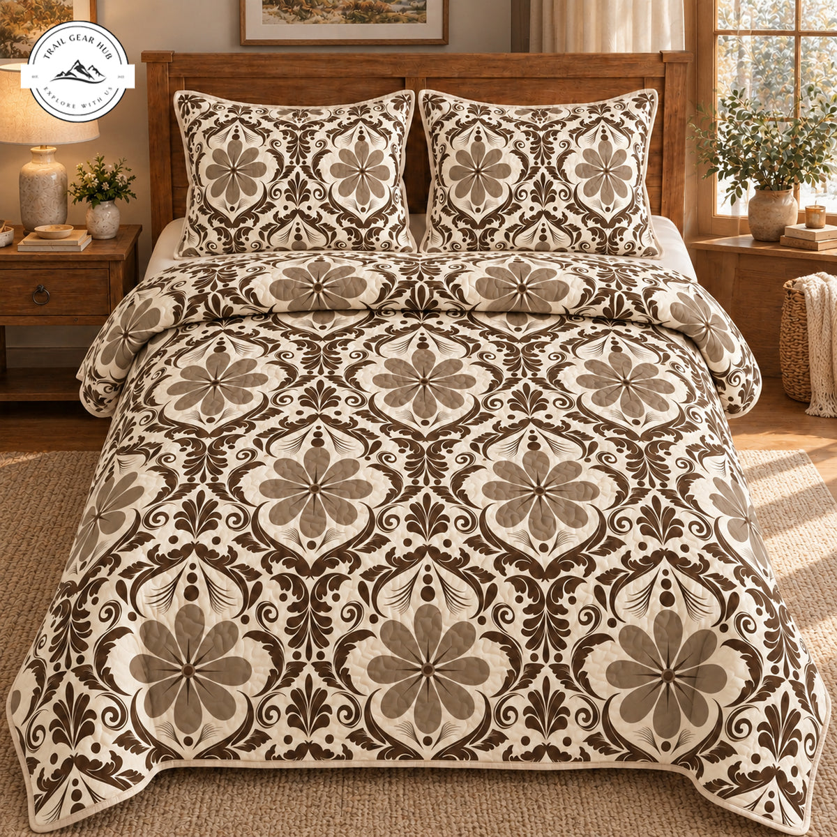 Farmhouse Brown & Beige Botanical Pattern Quilted Bedding Set TG278