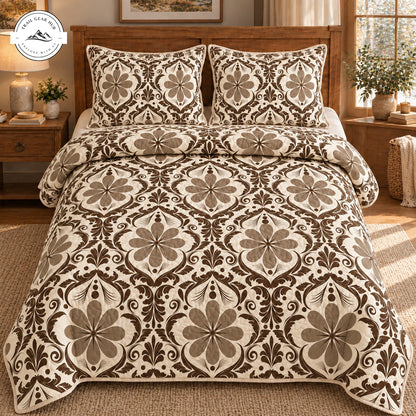 Farmhouse Brown & Beige Botanical Pattern Quilted Bedding Set TG278
