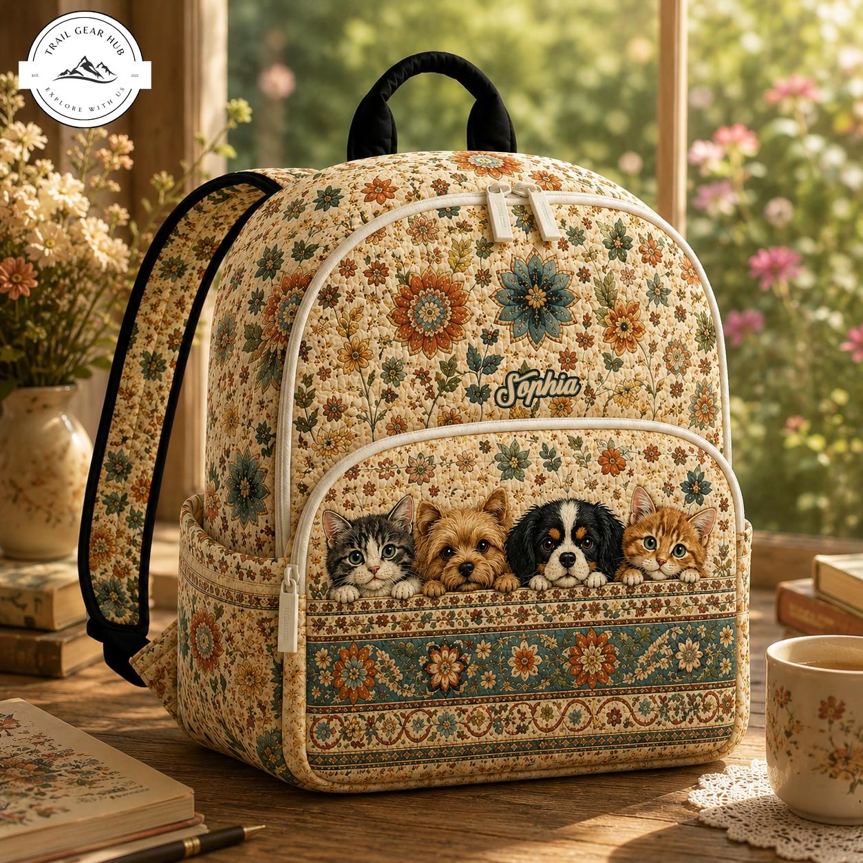 Boho Floral Pet Personalized Quilted Backpack TG16