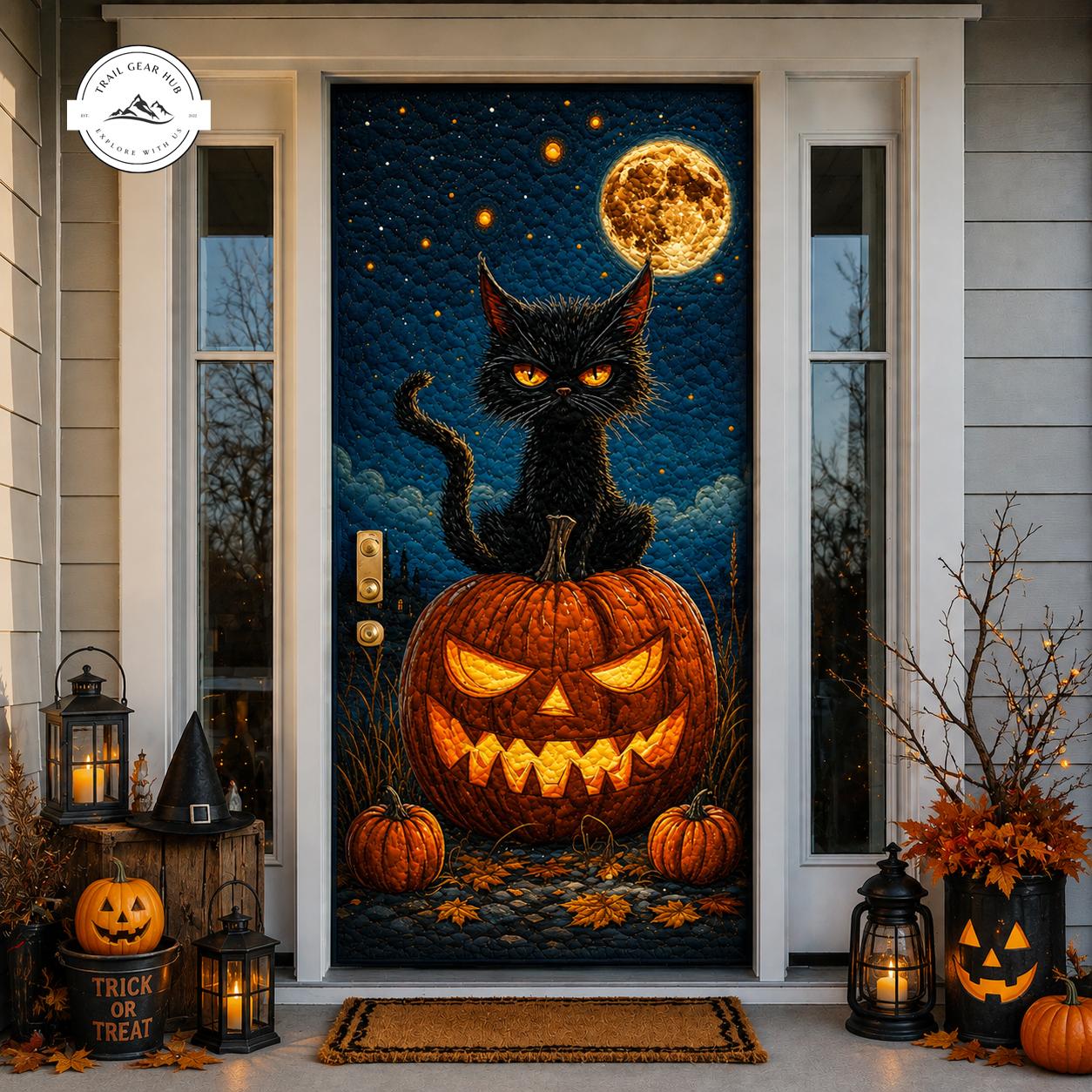 Full Moon Night Black Cat Pumpkin Quilted Door Cover TG10