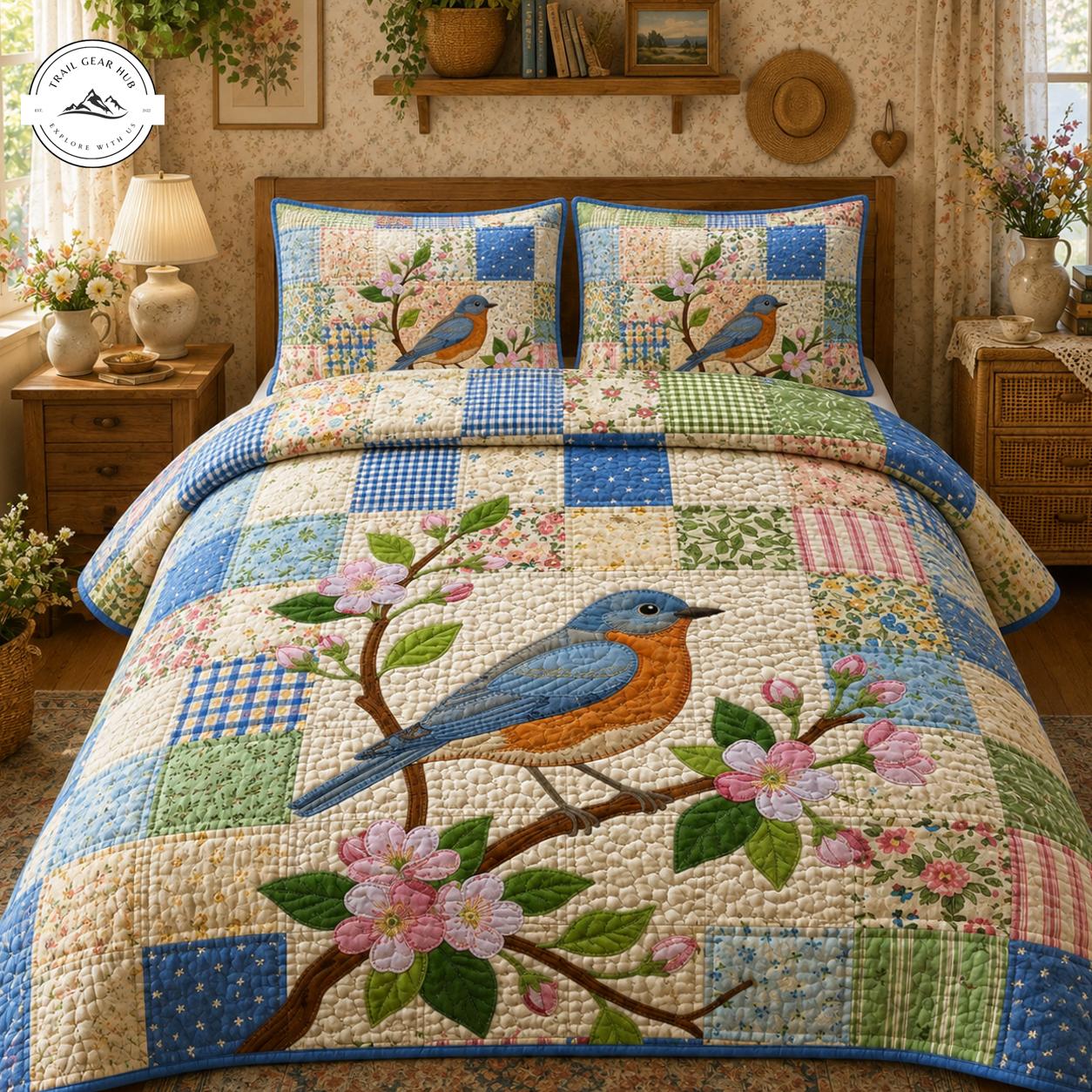 Vintage Bluebird Patchwork Quilted Duvet Cover Set TG06