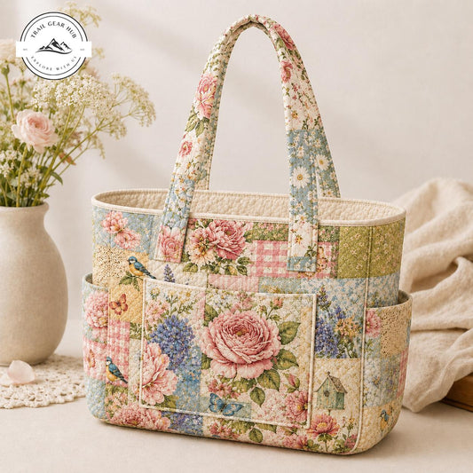 Vintage Floral Multiple Pockets Quilted Tote Bag TG05